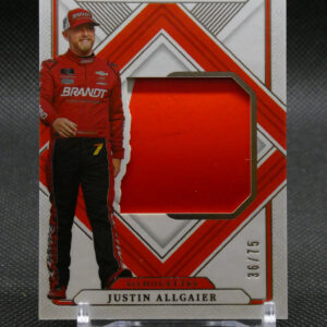Trading card featuring NASCAR driver Justin Allgaier in a red racing suit with a red geometric cutout window and National Treasures branding above the card edge.