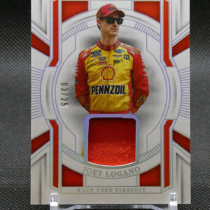 Trading card featuring NASCAR driver Joey Logano in a yellow Pennzoil fire suit with red sleeves, wearing sunglasses and cap, on a decorative background.