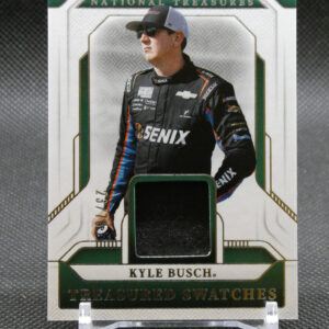 Kyle Busch National Treasures trading card with a photo of the driver and a fabric swatch in a green-bordered window.