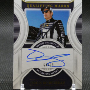 Autographed NASCAR trading card featuring Jamie McMurray in a racing suit, limited edition 64/99, with 'Qualifying Marks' design.