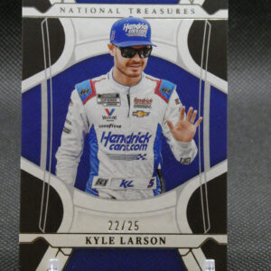 Limited-edition Kyle Larson trading card (22/25) on a display stand, featuring Larson in a Hendrick Motorsports suit.
