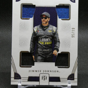 Trading card of NASCAR driver Jimmie Johnson in a gray racing suit, with a blue fabric insert and National Treasures branding.