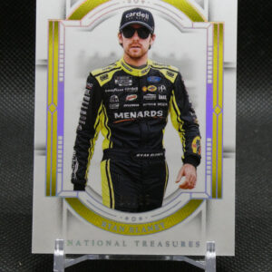 Trading card featuring NASCAR driver Ryan Blaney in a yellow-and-black racing suit with sunglasses and cap.