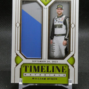 Timelines Materials card featuring William Byron in a racing suit, with blue left panel and neon-green accents.