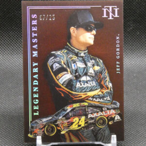 NASCAR trading card portrait of a driver in a black cap and sunglasses, with a #24 race car graphic at the bottom on a display stand.