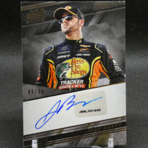 Autographed race poster of a driver in a black and yellow suit with Bass Pro Shops logo, wearing a cap and sunglasses, numbered 89/99 on a display stand.