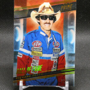 Portrait-style trading card of a smiling man in a blue racing suit and white cowboy hat with sunglasses; text reads 'Hall of Fame' and 'Richard Petty' on the card.