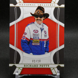Richard Petty National Treasures trading card featuring Petty in a white racing suit with a cowboy hat, 01/10 printed at bottom