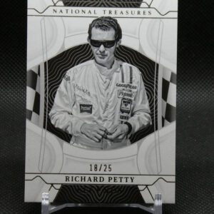 Limited edition National Treasures card featuring Richard Petty in a racing suit; edition 18 of 25 against a graphic background with sponsor logos.