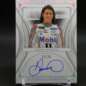 National Treasures trading card of Danica Patrick, showing her in a racing suit with sponsor logos, labeled Legendary Signatures and numbered 22/25.