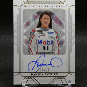 Signed Danica Patrick trading card from National Treasures, showing her in a racing suit with autograph and 18/53 edition stamp.
