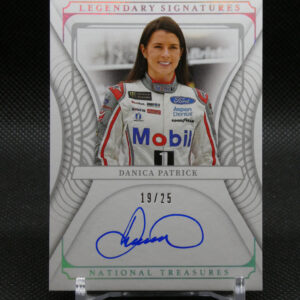 Autographed Danica Patrick trading card with 'Legendary Signatures' and 'National Treasures' branding, featuring her portrait in a racing suit.