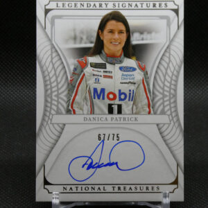 Card featuring Danica Patrick in a racing suit with sponsor logos, part of a 'Legendary Signatures' series, numbered 67/75 with a blue autograph.
