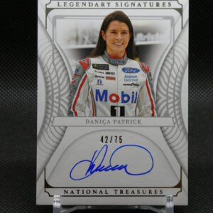 Autographed racing card featuring Danica Patrick in a Mobil Lara racing suit with 'Legendary Signatures' header and 'National Treasures' branding, 42/75 edition.