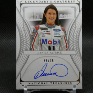 Autographed Danica Patrick racing card from National Treasures, edition 44/75, featuring her photo in racing suit and signature.