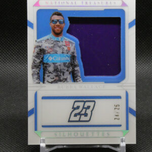 Card featuring Bubba Wallace in a camo racing suit with sponsor logos, inside a National Treasures package with a blue window behind him