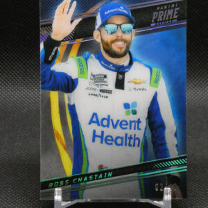 Poster of NASCAR driver Ross Chastain waving, wearing a blue Advent Health racing suit and cap with mirrored sunglasses, mounted on a display stand.