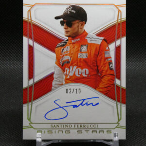 Trading card featuring driver Santino Ferrucci in an orange racing suit with signature visible on the card (limited 02/10).