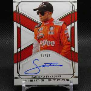 Autographed racing trading card featuring driver Santino Ferrucci in an orange suit, wearing sunglasses and a cap, numbered 51/52.