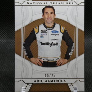 Trading card image of NASCAR driver Aric Almirola in a white Smithfield racing suit, 15/25, National Treasures brand.