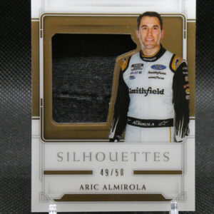 Limited edition Silhouettes trading card of NASCAR driver Aric Almirola, 49 of 50, with sponsor logos on his racing suit.