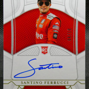 Autographed Santino Ferrucci rookie card featuring him in a red racing suit and sunglasses with a blue signature across the bottom panel.