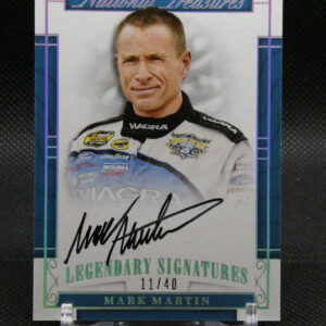 Autographed NASCAR card featuring Mark Martin from the Legendary Signatures series, 11/40, with a National Treasures design.