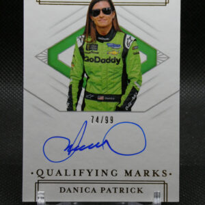Autographed trading card image of Danica Patrick in a green GoDaddy racing suit, showing 74/99 and National Treasures branding in the background