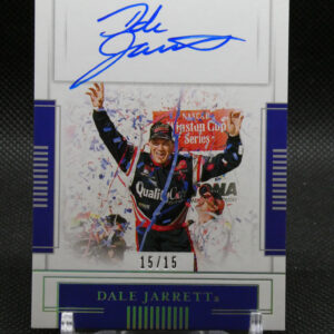 Autographed Dale Jarrett National Treasures card with a blue signature and 15/15 edition marking, confetti in the background