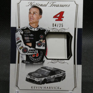 Kevin Harvick National Treasures trading card with his portrait, large red number 4, and a race car image at the bottom, framed in ornate border.