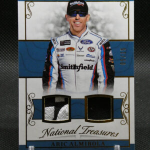 Trading card portrait of a race car driver in a Smithfield racing suit, wearing a cap and sunglasses, with fabric swatches at the bottom.