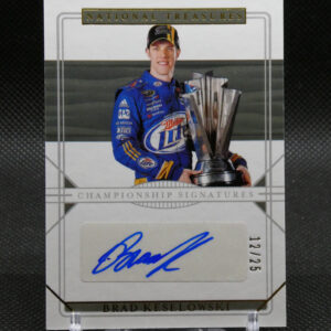 Brad Keselowski autographed National Treasures championship card with a blue signature and trophy image