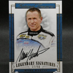 Autographed collectible trading card featuring race car driver Mark Martin, with a portrait, signature, and the text 'National Treasures' and 'Legendary Signatures' (37/50).