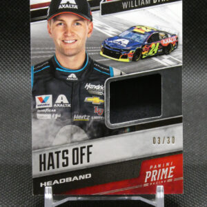 Portrait of NASCAR driver William Byron on a Panini Trading Card with Axalta logos, and a colorful race car in the background; 'Hats Off' visible.