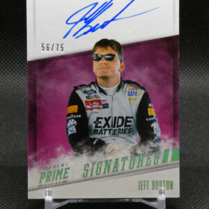 Autographed racing poster: blue signature on white card above a driver in a white racing suit with sunglasses, purple backdrop, 56/75 edition badge visible.