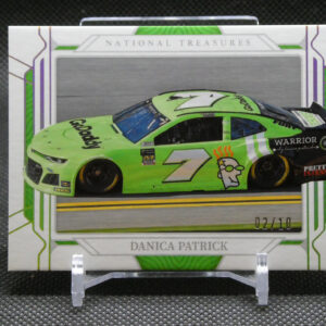 Bright green Danica Patrick NASCAR die-cast car on a white, decorative display frame marked 'National Treasures.'