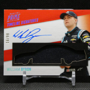 Sports trading card featuring NASCAR driver William Byron with a blue autograph on a white surface, red header stating 'Timeline Signatures' and driver image in racing suit against a red backdrop.