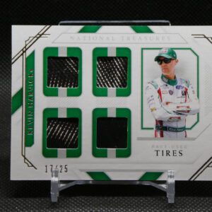 Packaging for a NASCAR trading card with four green window panels showing tire scraps and a photo of a race car driver in a white suit, green cap, and sunglasses; text reads National Treasures and TIRES.