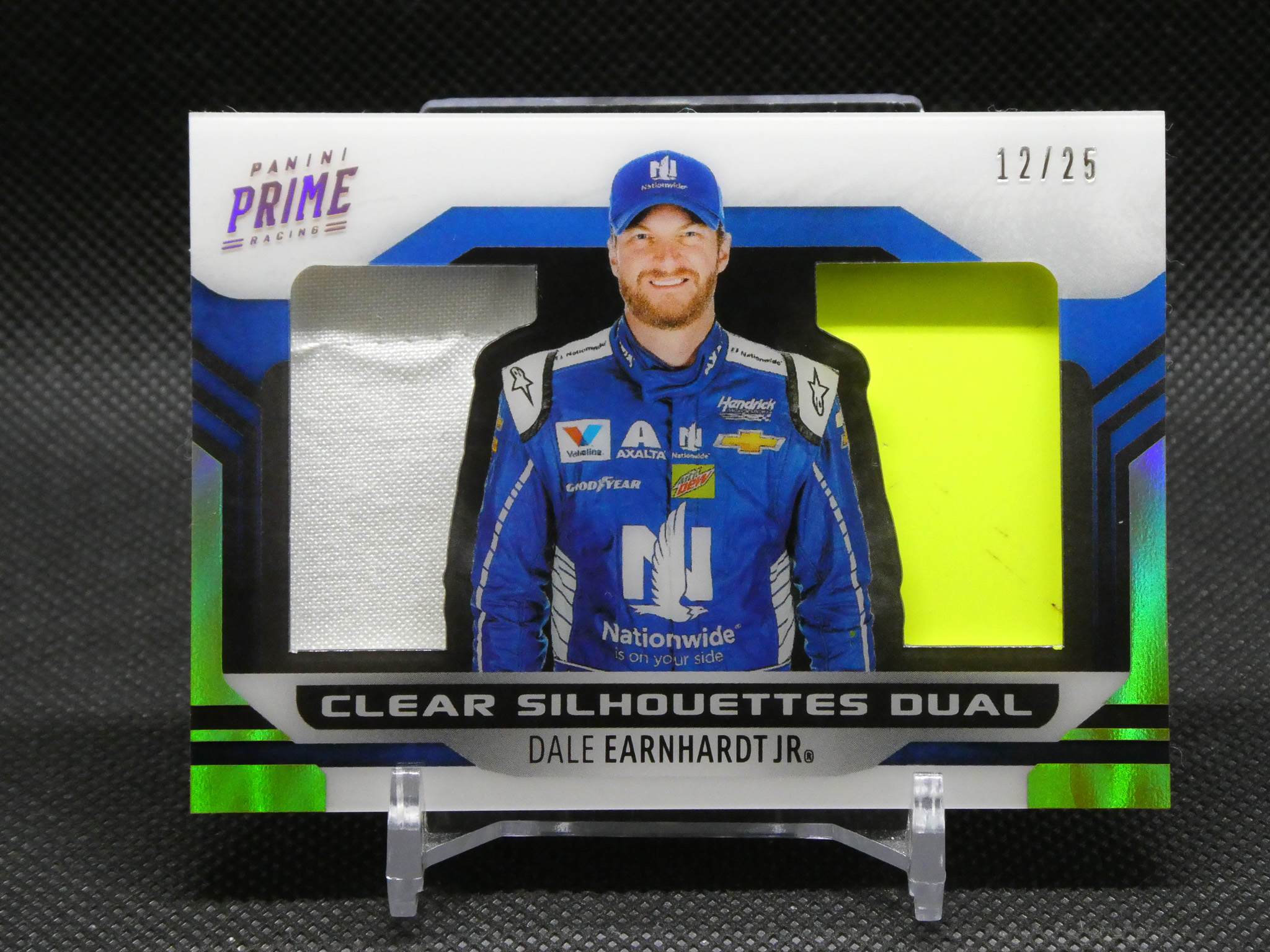 Panini Prime Racing collectible packaging featuring Dale Earnhardt Jr. in a blue racing suit, edition 12 of 25.