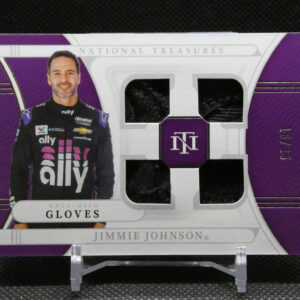 Purple National Treasures box featuring a driver image (Jimmie Johnson) and two glove compartments for collectible race-used gloves (front view).