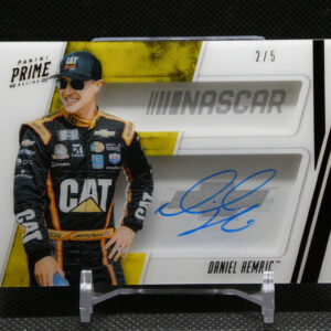 Trading card featuring racecar driver Daniel Hemric, with a blue autograph and 2/5 print count visible at top right.