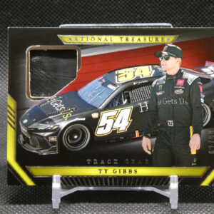Box cover for a Ty Gibbs NASCAR trading card set, featuring a racing car and the 'National Treasures' banner at the top.