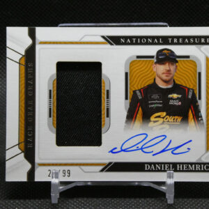Daniel Hemric trading card with his portrait, autograph in blue, and National Treasures branding visible.