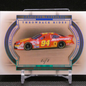 Collector card featuring Bill Elliott's Throwback Rides from National Treasures, with a red NASCAR car and a blue decorative border