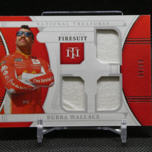 RACE-USED Bubba Wallace firesuit card featuring a photo of Bubba Wallace in red race suit and stitched fabric panels.