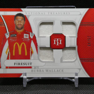Red NASCAR firesuit display box featuring a driver in a red uniform with McDonald's logo, visible fabric swatches in a clear window, and Bubba Wallace name on the box.