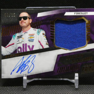 Autographed purple memorabilia card featuring a race car driver in a white firesuit, with a blue fabric swatch and Alex Bowman name visible at bottom left.