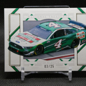 NASCAR collectible card featuring Kevin Harvick's green no. 4 car inside a decorative frame with sponsor logos and edition marks (03/25).