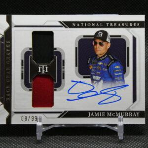 Jamie McMurray National Treasures trading card with a red fabric swatch and his autograph on the card edge.