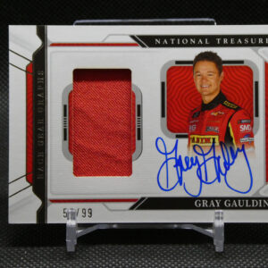Autographed National Treasures NASCAR trading card with a red fabric swatch and blue signature.